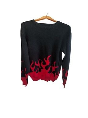 Hot Topic Black Flaming Hot Crewneck Sweater with Red Flame Trim Size Medium
